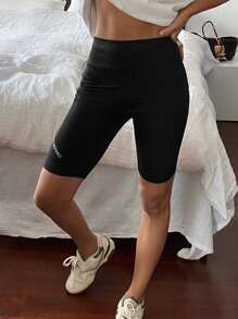 DAZY Quần legging cạp cao in chữ đơn giản mùa hè dành cho nữ - màu đen - Xem 4