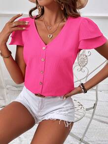 SHEIN VCAY 女士素色V領鈕扣短袖襯衫，適用於度假、夏季 - 玫紅色 - 查看 1