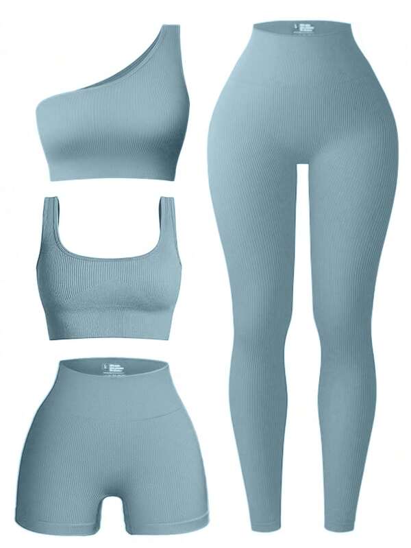 Easify SHEIN Sport Set sport de yoga cu nervuri pentru femei, set de antrenament pentru femei, set de colanți pentru femei, set de sală, ținută de sport pentru femei