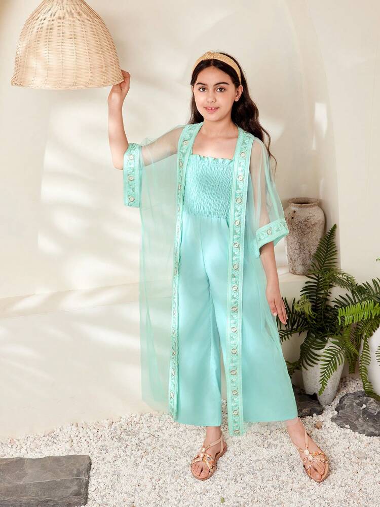 Tween Girl Embroidered Coat And Jumpsuit Set With Long Pants,  Style