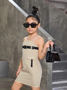 SHEIN Explorewe Vestido informal estilo fresco para niña joven, para primavera/verano - Caqui - Ver 6