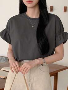 DAZY Camiseta de cuello redondo casual de mujer para el verano en unicolor con dobladillo de volantes y ajuste holgado