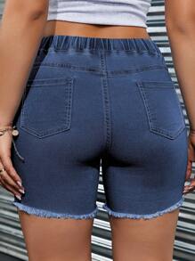 Women's Frayed Hem Drawstring Denim Shorts With Patch Pockets - Dark Wash - View 2