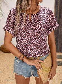 SHEIN LUNE Romantic Pink Floral Women's Shirt - Black - View 1