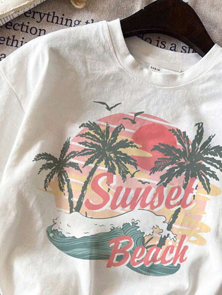 Tween Girl Retro 90s Sunset Beach Casual Short Sleeve Loose T-Shirt With Scenery Print, Perfect For Summer