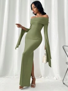 Firerie Women Off-Shoulder Bodycon Dress With Collar, Long - Green - View 4
