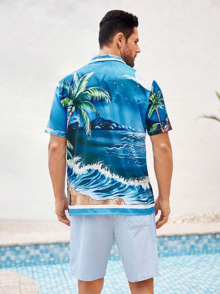 2pcs Men's Beach Outfit, Lightweight Breathable Hawaiian Shirt With Palm Tree Print And Shorts, Summer Beach Vacation Beachwear