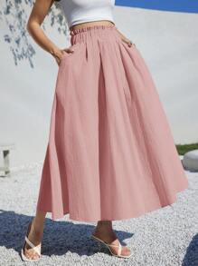 SHEIN Essnce 夏季女士服装休闲 A 字形亚麻中长裙，适合夏季海滩高腰宽松 - 粉色 - 查看 6
