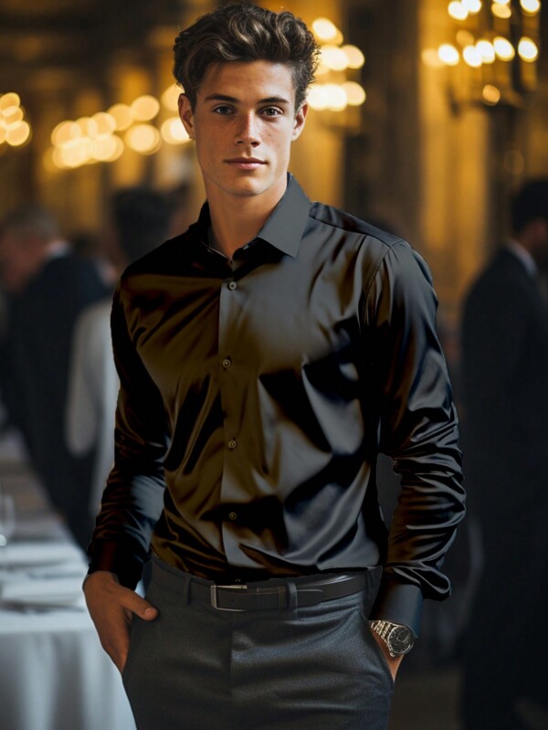 Men's Satin Fabric Long Sleeve Dress Shirt