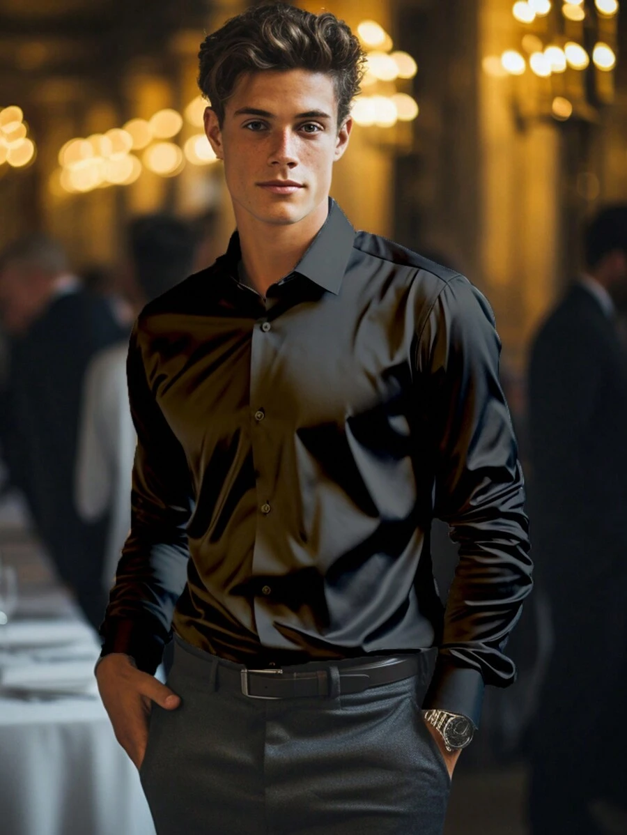 男士缎纹面料长袖正装衬衫，适合秋季