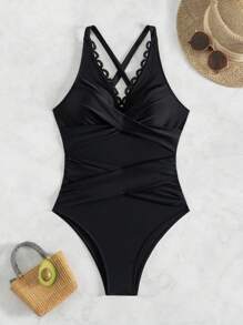SHEIN Swim Đồ bơi liền thân hở lưng màu trơn cho nữ, hoàn hảo cho kỳ nghỉ hè trên bãi biển - màu đen - Xem 6