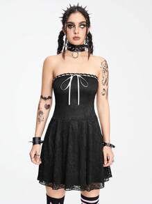 ROMWE Goth 性感純淨誘惑派對蕾絲蝴蝶結腰帶A字裙女裝 - 黑色 - 查看 4