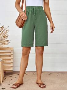 SHEIN LUNE Shorts informales para mujer en color verde con bolsillos estilo bermuda - Verde - Ver 3