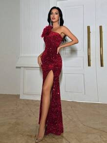 QOQ 优雅时尚亮片高档晚礼服奢华女士派对礼服毕业季服装适合晚会、联欢晚会、红毯、慈善舞会、生日派对、颁奖典礼纯色单肩修身开衩礼服