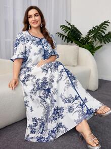 Al Najma Plus Size Summer Elegant Plant Printed Ruffle Sleeve Long Dress - Multicolor - View 6