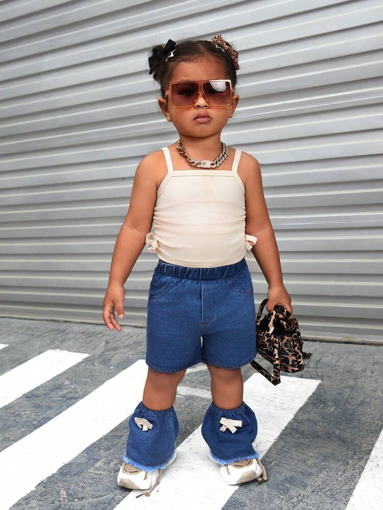 Baby Girl 2pcs Summer Outfits Set: Drawstring Pleated Camisole Top And Separated Cool Denim Pants