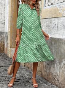 Breezaya Women Summer Floral Print Lantern Sleeve Shirt Dress With Ruffle Hem, Vacation Style