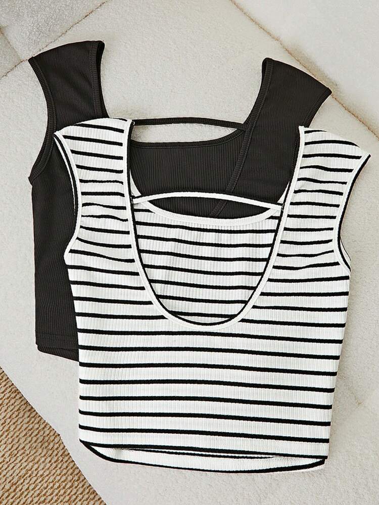 Women's Summer Striped And Solid Color Casual Round Neck Tank Tops (2pcs/Set)
