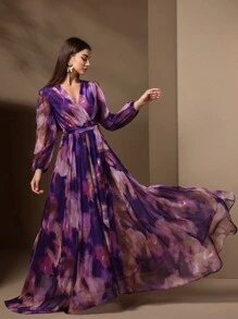 女士V领交叉裹身优雅长袖夏季连衣裙（随机印花）正式晚宴舞会婚礼宾客礼服，毕业典礼、晚宴派对礼服，春假 - 紫色 - 查看 1