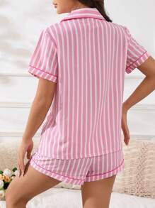 Bộ đồ ngủ mùa hè có nút in sọc phía trước dành cho nữ - Hồng - Xem 2