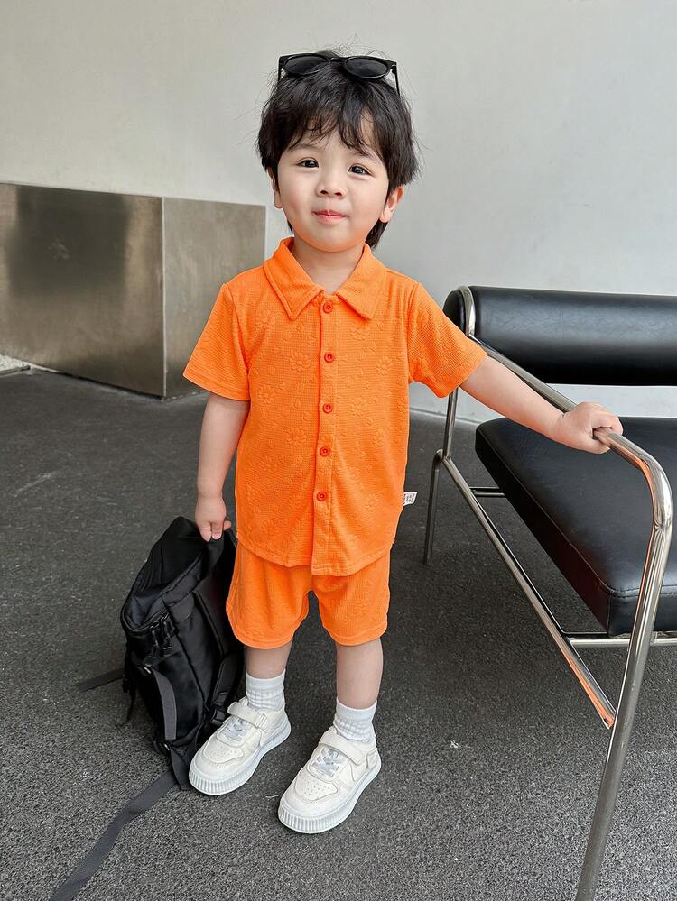Baby Boy Summer Casual Simple Knitted Jacquard Short Sleeve Shirt And Shorts Set