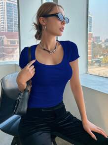 DAZY Women's Summer Solid Color Scoop Neck Short Sleeve Slim Fit Casual T-Shirt Going Out Tops - Royal Blue - View 5