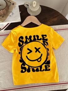 SHEIN Leap Crew 男婴休闲卡通笑脸印花短袖上衣，夏季