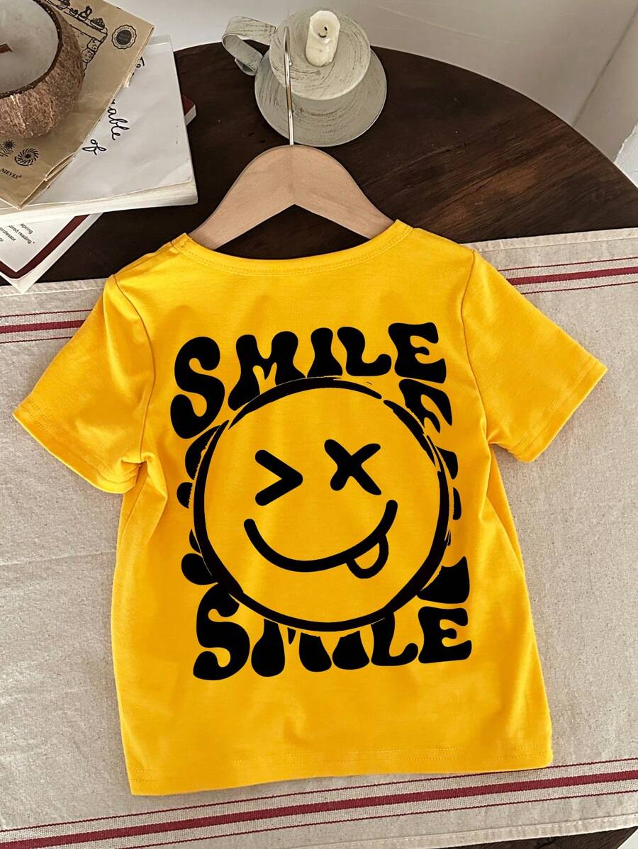 SHEIN Leap Crew 男婴休闲卡通笑脸印花短袖上衣，夏季