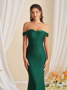 SHEIN Belle Elegante vestido de dama de honor sirena con cintura alta, de manga larga con hombros descubiertos y sin tirantes