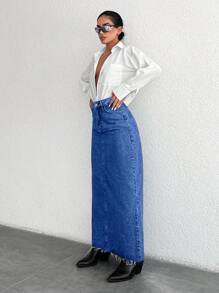 EURMUSE Raw Hem Denim Skirt - Medium Wash - View 4