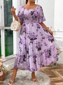 SHEIN LUNE Đầm dài nhẹ cổ vuông họa tiết hoa Boho cỡ lớn cho nữ, trang phục mùa hè - Màu tím - Xem 6