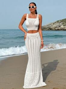 EURMUSE Women Vcay Crochet Knit Top And Skirt Cover-Up Set, For Summer Beach Vacation - Apricot - View 7