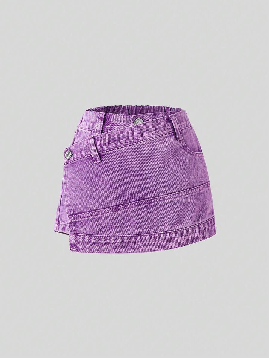 SHEIN Explorewe Young Girl Y2K Street Style Cool Purple Heavy Washed Denim Skorts With 2 In 1 Design, School, Campus, College Summer Holiday