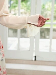 SHEIN Privé Summer Elegant And Romantic Pink Floral Printed Strappy Waist-Cinched Swing Dress + Solid Color Ruffled Edge Plus Size Women's Cardigan Two-Piece Set, Suitable For Dating, Traveling, Daily Wear, And Shopping - Baby Pink - View 6