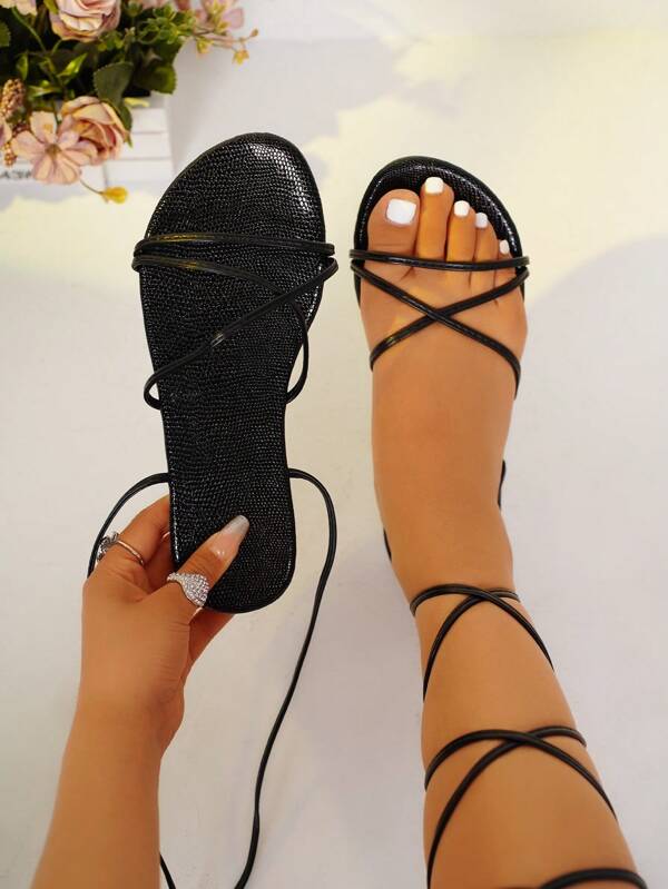 Flache Damen-Slip-On-Sandalen, offene Zehen Lässig-Pantoffeln für Drinnen und Outdoor