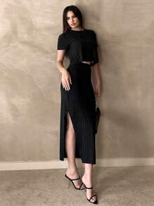 SHEIN Essnce Two Pieces Skirt Set Summer Black Ribbed Knit Casual Home 2-Piece Set - Black - View 3