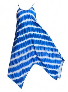 SHEIN Essnce Vestido de tirantes con estampado anudado, ideal para las vacaciones de verano de mujeres de talla grande. Vestido curvo, ropa de verano linda para mujer, vestido de verano informal, vestido de verano, vestido de sol, vestido de verano largo - Azul - Ver 1