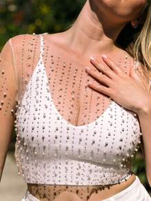 Top de malla transparente corto con mangas y perlas brillantes y piedrería para cubrir la camisa de la parte superior - Albaricoque - Ver 3