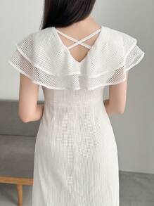 FRIFUL Women's Summer Elegant Solid Color Mid-Calf Length Dress With V-Neckline,Ruffle Maxi Dress - Beige - View 6