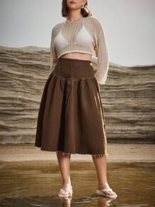 Forever 21 Summer Western Style Plus Size Women's Casual Single-Breasted Skirt For Vacation - Coffee Brown - View 5