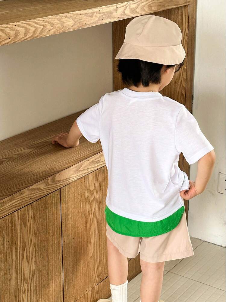 3pcs/Set Young Boy Color Block Round Neck 3D Workwear Pocket Shirt With Hem Split Design, Breathable Shorts And Sun-Protective Bucket Hat, Suitable For Vacation And Daily Wear