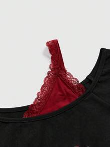 ROMWE Kawaii Women's Asymmetrical Neck 2 In 1 Lace Cherry Printed Cute T-Shirt, School - Multicolor - View 3