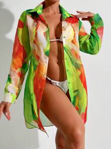 SHEIN Swim Women Allover Print Full Button Front Long Sleeve Kimono Cover Up With Collar,Summer Beach