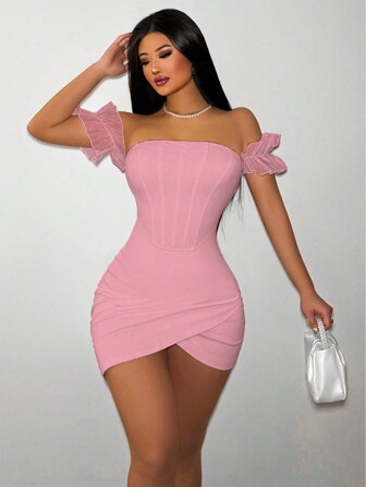 Zolique Kvinnors sommar Enfärgad Cross Wrap Off Shoulder Klänning Mini Kort Kvinnor Outfit