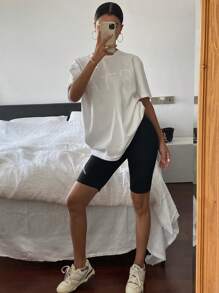 DAZY Quần legging cạp cao in chữ đơn giản mùa hè dành cho nữ - màu đen - Xem 2