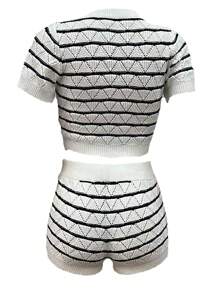 2pcs/Set Women's Summer Casual Contrast Striped Knit Short Sleeve Top And Shorts Set - White - View 2