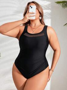 Swim Lushoire Plus Size Women's Plain Simple Daily One-Piece Swimsuit,Summer Beach - Black - View 3