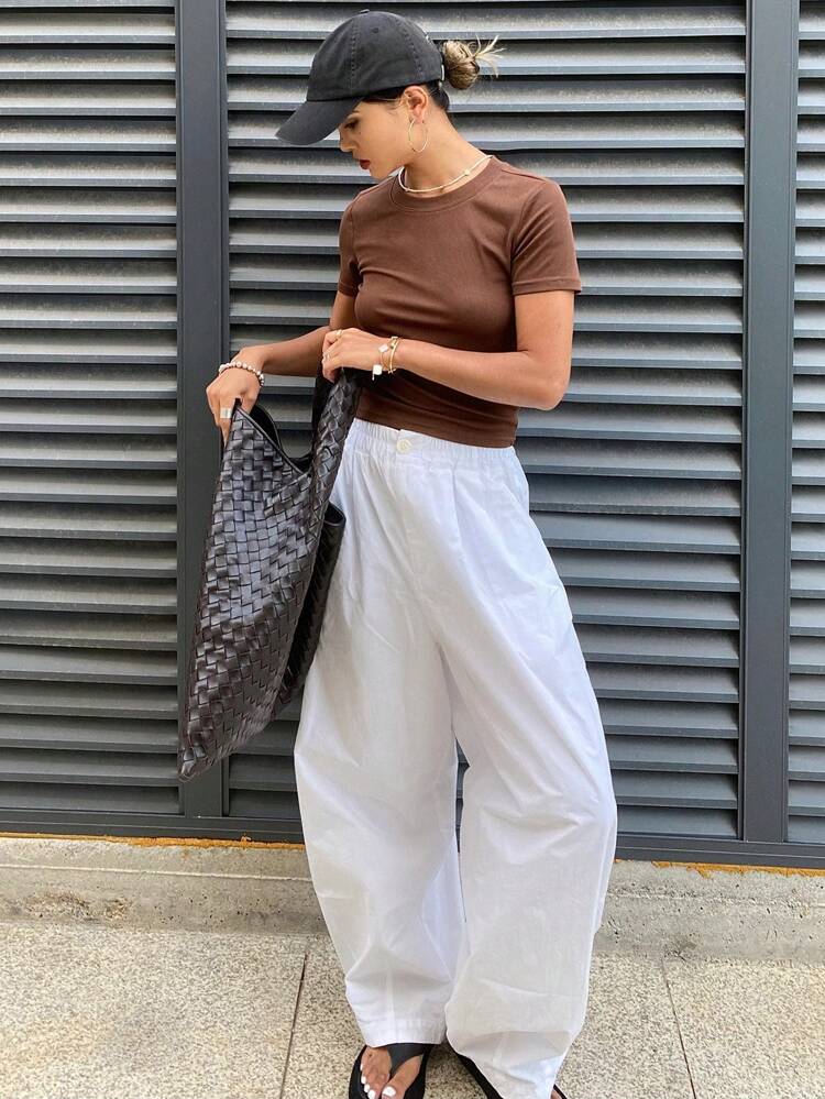 Women's Solid Rib-Knit Slim Fit Crop Top T-Shirt