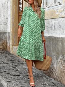 Breezaya Women Summer Floral Print Lantern Sleeve Shirt Dress With Ruffle Hem, Vacation Style