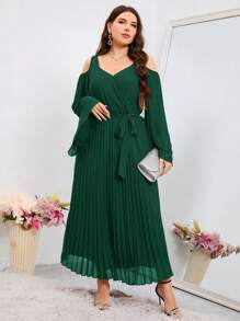 Modelyn 大码女式时尚纯色长款褶皱露肩连衣裙长款晚礼服 - 墨綠色 - 查看 6
